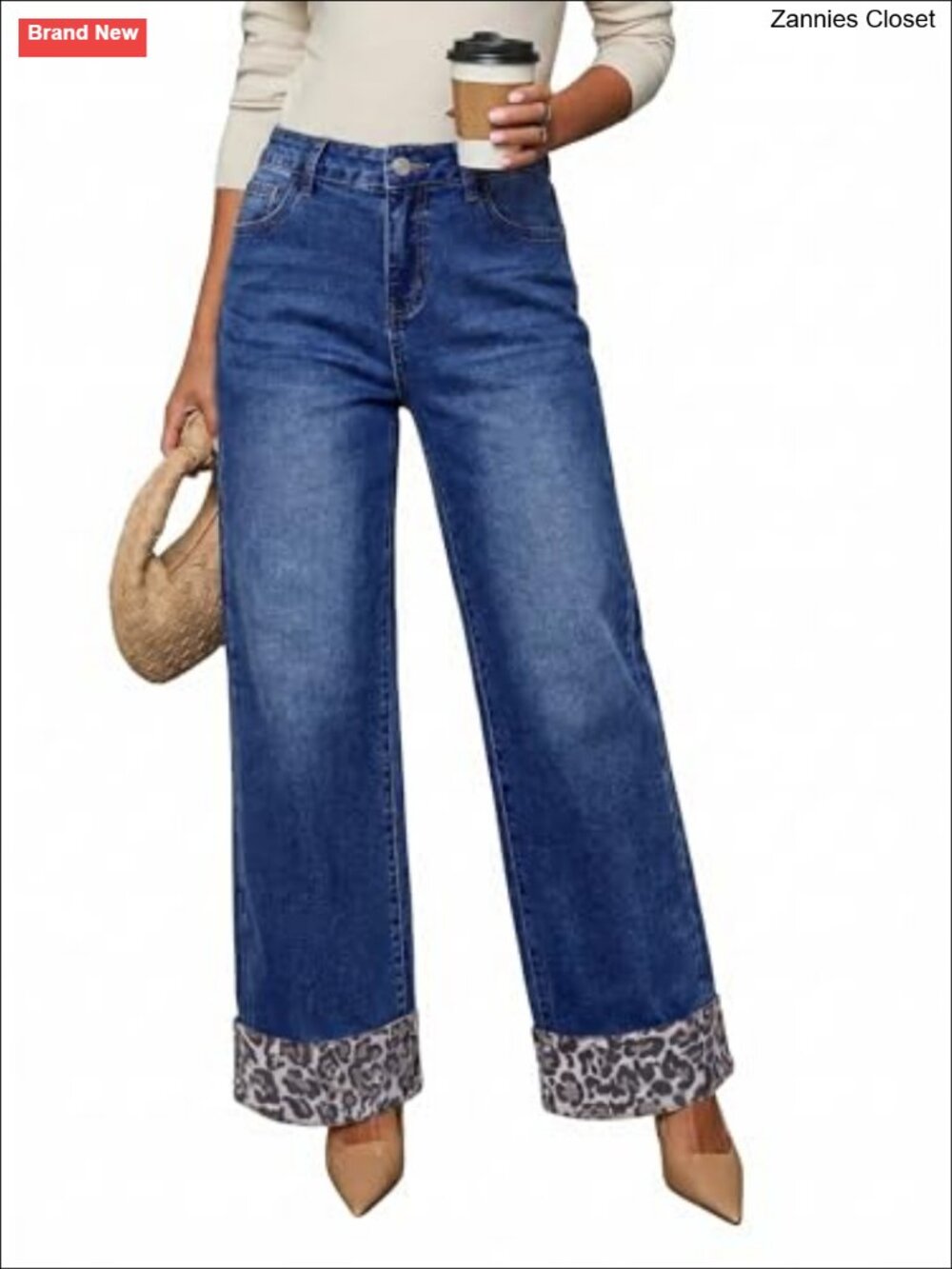 Wide Leg High Waisted Stretch Denim Jeans Flared Leopard Hem Pants